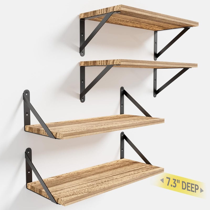 COCOYA Wall Shelves 7.3" Deep Set of 4, Solid Paulownia Wood Wider Longer Sturdy Easy to Install Wall Mounted Bookshelves Storage Shelves Bathroom Home Office Laundry Room Bedroom Organizer - Image 1